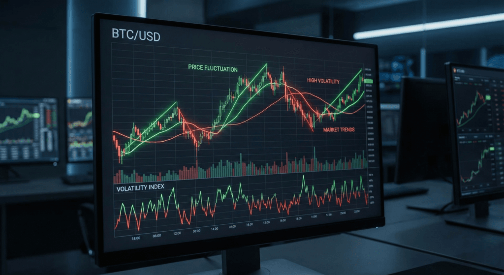 A dark-mode financial chart showing Bitcoin price fluctuations and volatility with up and down trends.
