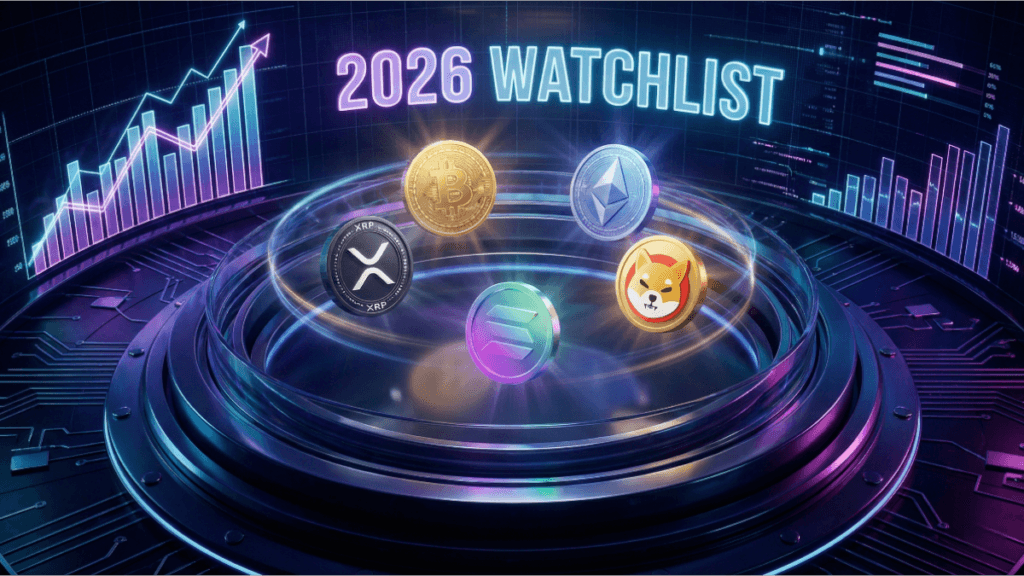 Futuristic 3D digital illustration featuring five glowing cryptocurrency coins—Bitcoin, Ethereum, XRP, Solana, and Shiba Inu—floating above a high-tech blue vault. Large neon text in the center reads '2026 WATCHLIST' with upward-trending financial charts in the background. A visual guide for cryptocurrency investment planning.