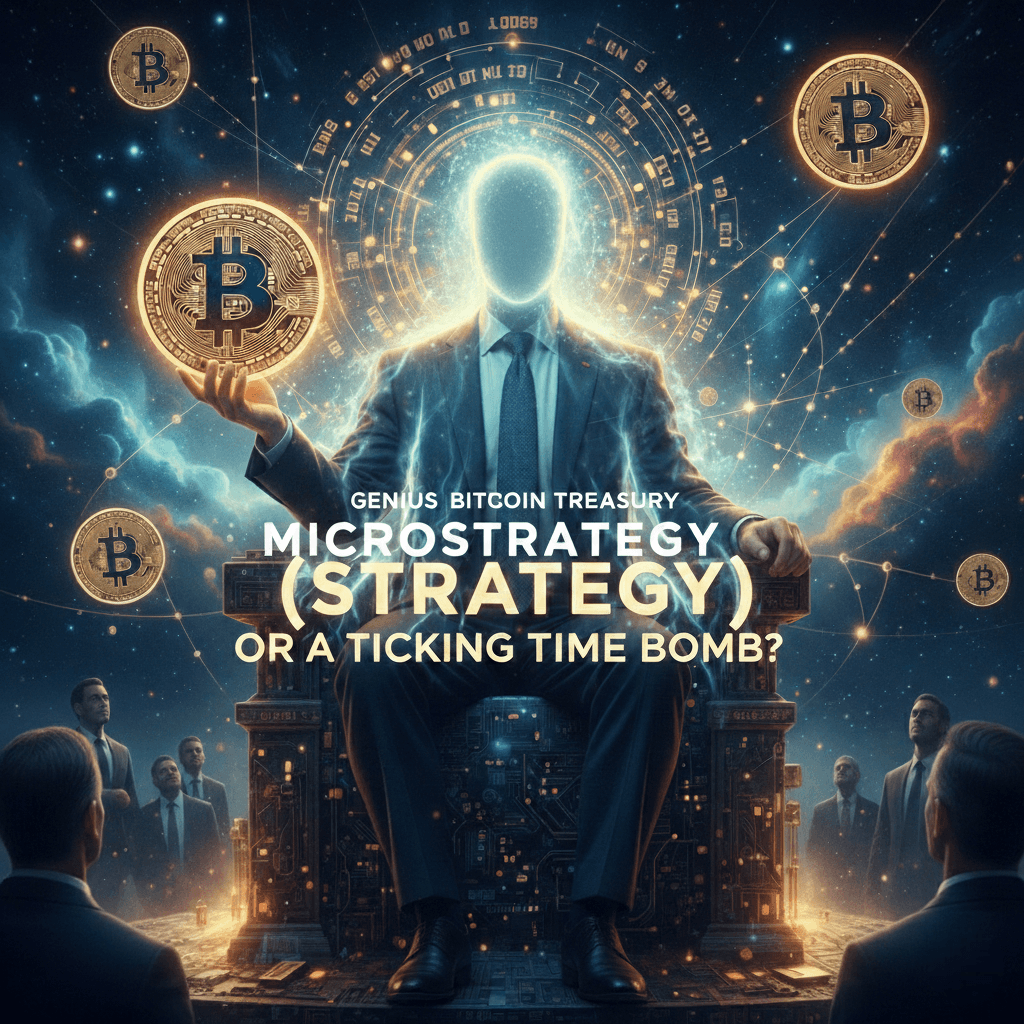 Digital art of a glowing executive figure on a throne holding a Bitcoin, with the text 'MicroStrategy: Genius Bitcoin Treasury or a Ticking Time Bomb?' set against a cosmic, futuristic background.