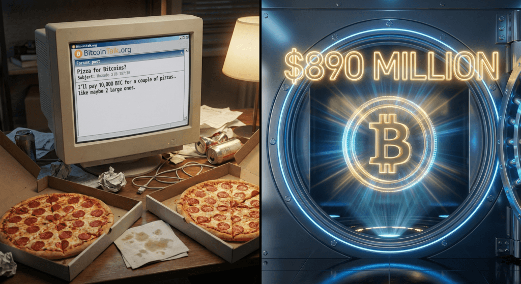 Split screen showing Bitcoin Pizza Guy 2010 forum post on an old computer versus a modern vault displaying the 890 million dollar value of 10,000 BTC.