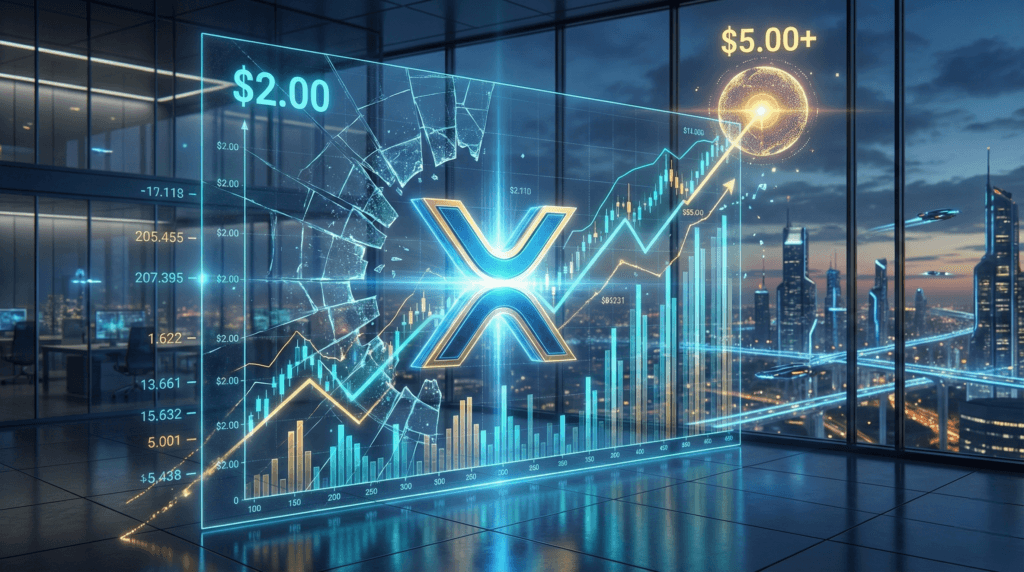 XRP Price Prediction chart showing the Ripple logo breaking through the $2.00 barrier and targeting $5.00+.