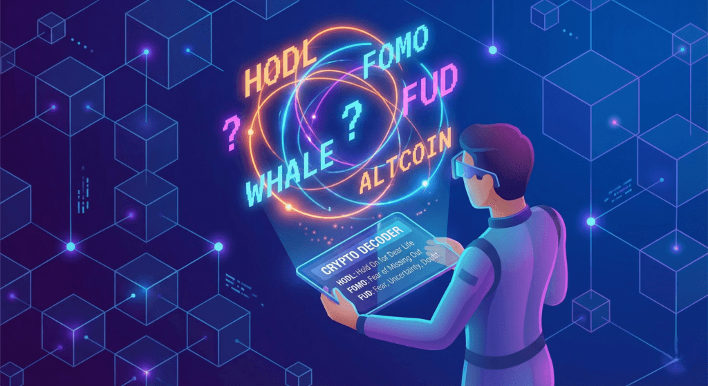 Digital illustration showing a beginner investor decoding confusing crypto jargon like HODL, FOMO, and FUD into clear definitions using a futuristic glossary interface.