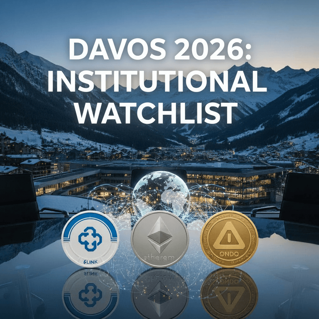 Illustration of Davos Congress Centre with logos of Chainlink (LINK), Ethereum (ETH), and Ondo Finance (ONDO) tokens on a table, symbolizing the 2026 Institutional Watchlist.
