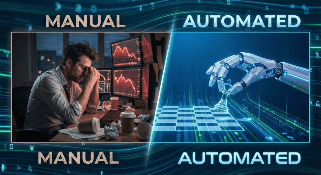 A split-screen illustration comparing a stressed human manual trader at night versus a sleek, calm robot hand executing an automate crypto DCA strategy.