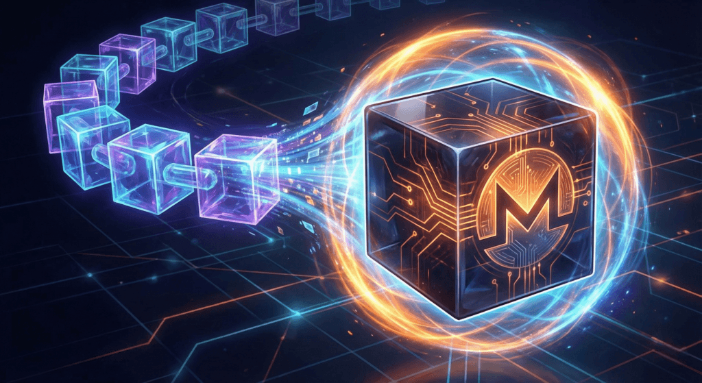 A stylized 3D illustration showing a transparent digital blockchain transforming into a solid, opaque metal cube featuring the orange Monero (XMR) logo, surrounded by a glowing privacy shield.