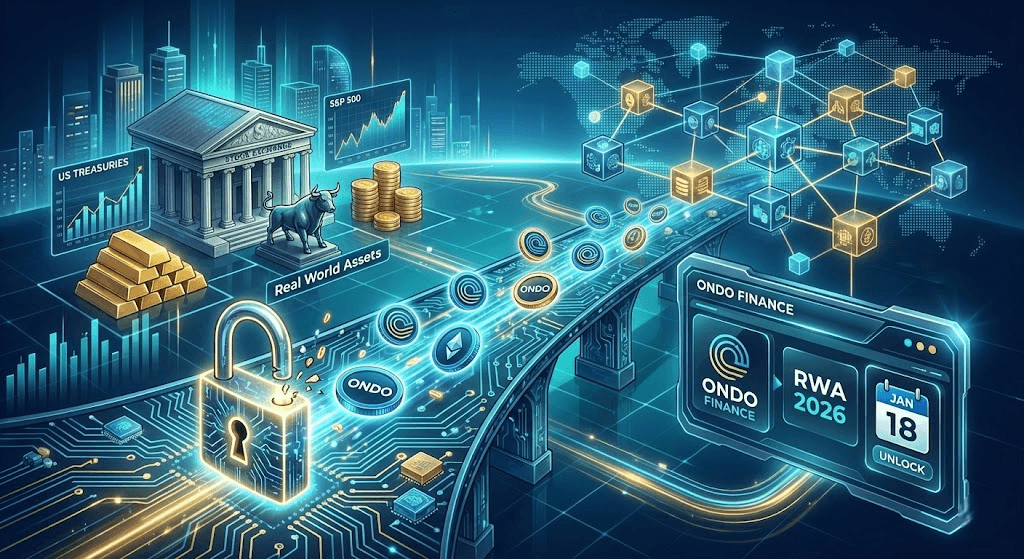 Futuristic illustration of Ondo Finance bridging Wall Street to Blockchain, symbolizing RWA 2026. A digital lock opens to show the January 18 Token Unlock date.