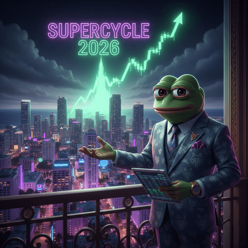 Pepe the Frog in a suit overlooking Miami skyline with green crypto charts, symbolizing the 2026 Meme Supercycle.