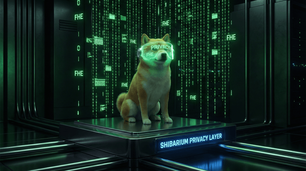 Shiba Inu Price Prediction 2026 illustration showing a futuristic Shiba dog with a privacy visor representing the Shibarium FHE upgrade.