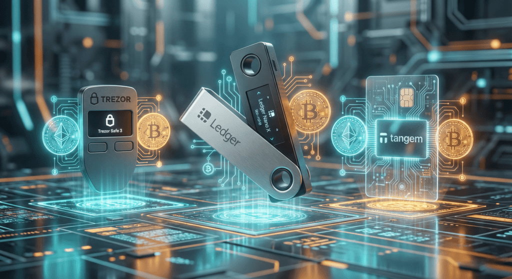 Futuristic display of Ledger, Trezor, and Tangem devices showing why you need a hardware wallet for crypto security.