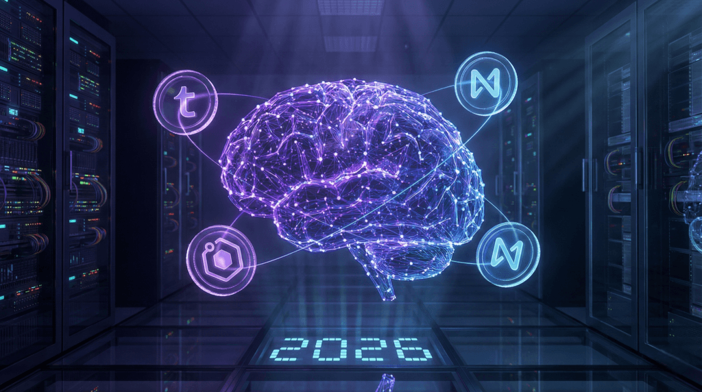 Top AI Crypto Coins 2026 illustration showing Bittensor, Render, and Near Protocol tokens in a digital neural network.
