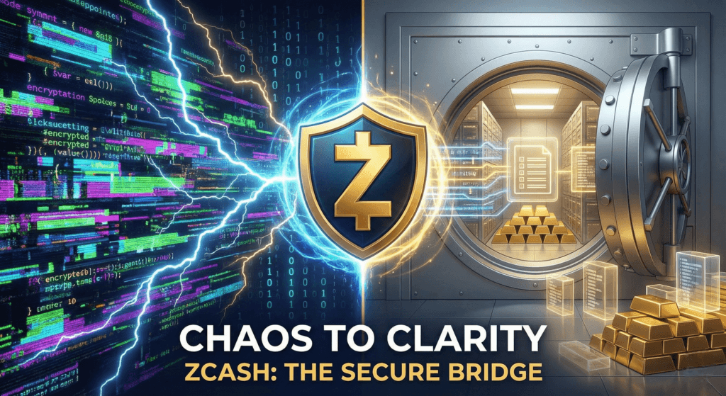 A split-screen graphic illustrating the Zcash Investment Potential featuring the Zcash logo acting as a bridge between a chaotic digital storm and a secure, organized bank vault.