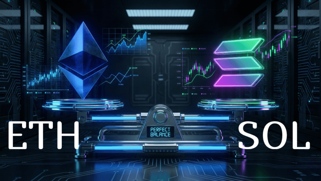 Futuristic digital illustration comparing Ethereum (ETH) and Solana (SOL), representing the investment choice between stability and speed in 2026.