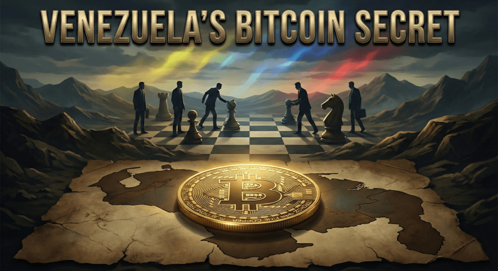 A glowing Bitcoin symbol resting over a map of Venezuela, illustrating the hidden Venezuela Bitcoin reserve rumor.