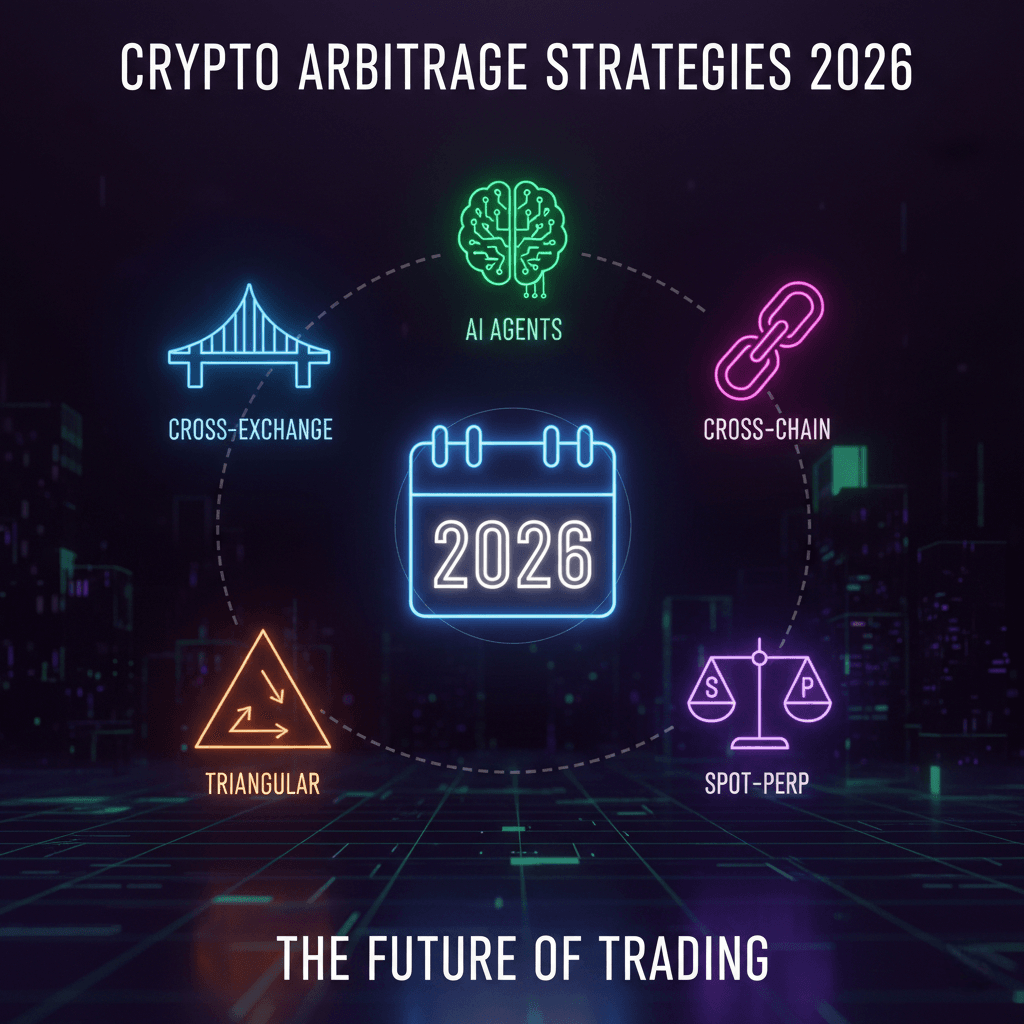 A 3D holographic representation of five crypto arbitrage strategies including triangular, AI-driven, and cross-chain arbitrage.