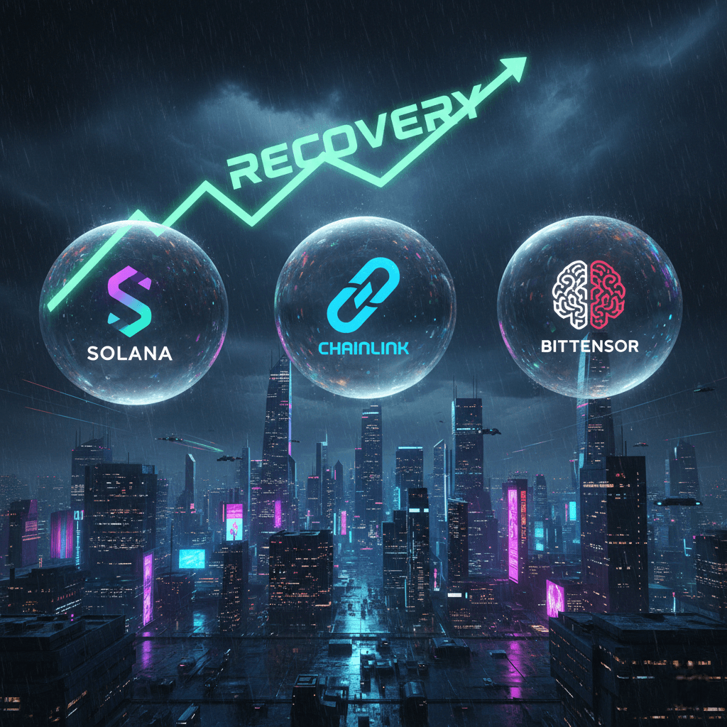 Top 3 altcoins for the bottom in 2026 showing Solana, Chainlink, and Bittensor logos.