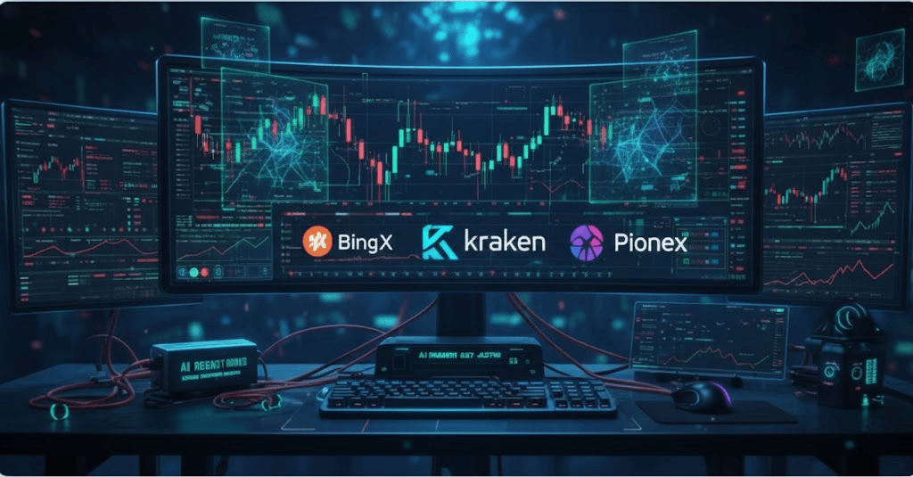 A futuristic trading desk highlighting the Best AI-Friendly Exchanges for Automated Trading including BingX, Kraken, and Pionex.