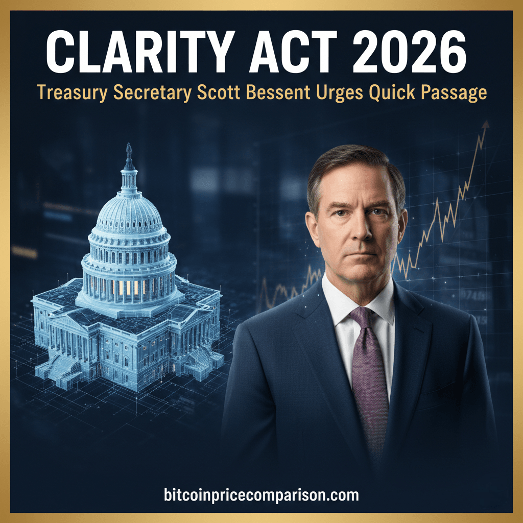 The Clarity Act 2026: Treasury Secretary Scott Bessent alongside a digital blueprint of the US Capitol and a rising crypto price chart.