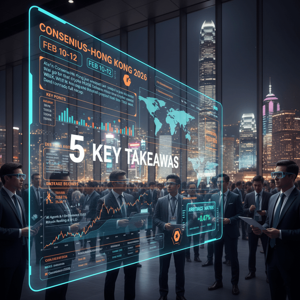 A futuristic holographic display showing the text "Consensus-Hong Kong 2026" with crypto price charts and a world map, set against the glowing Hong Kong skyline at night.