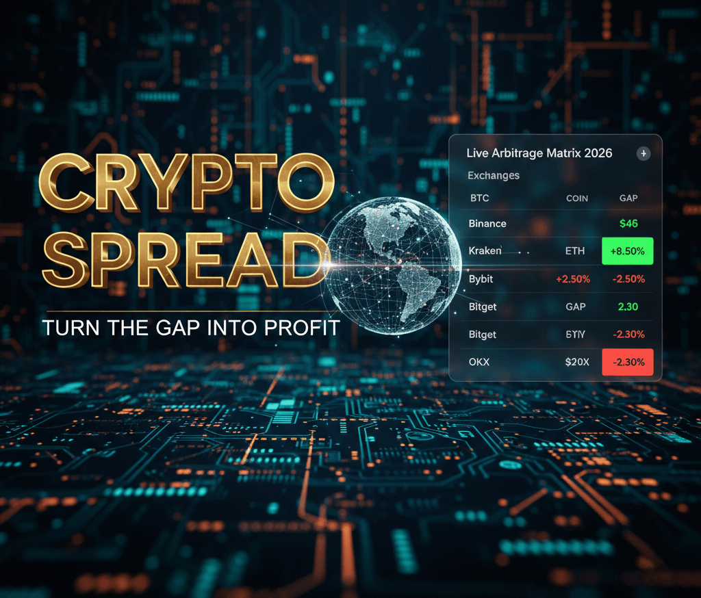 Infographic explaining crypto spread with a live arbitrage matrix dashboard showing price gaps between exchanges.