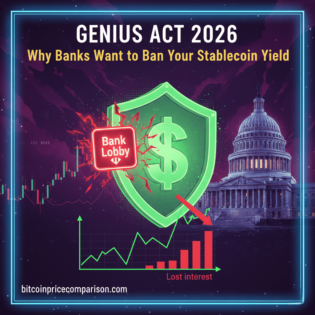 Digital infographic for the Genius Act 2026 showing a green dollar shield being attacked by a red bank lobby icon, with a chart illustrating lost interest.
