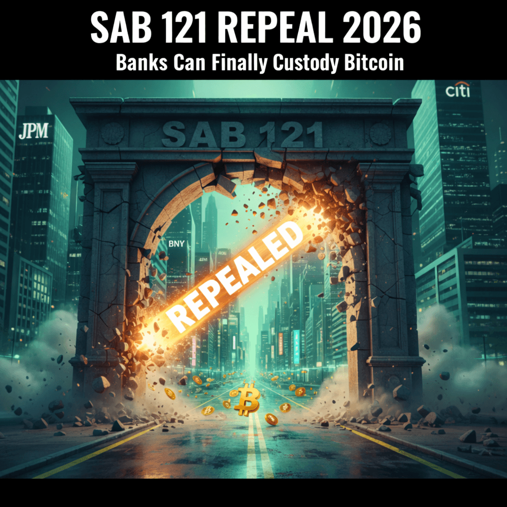 Digital art of a stone arch labeled SAB 121 being shattered by a glowing "REPEALED" beam, with bank buildings like JPM and Citi in the background and floating Bitcoin symbols.