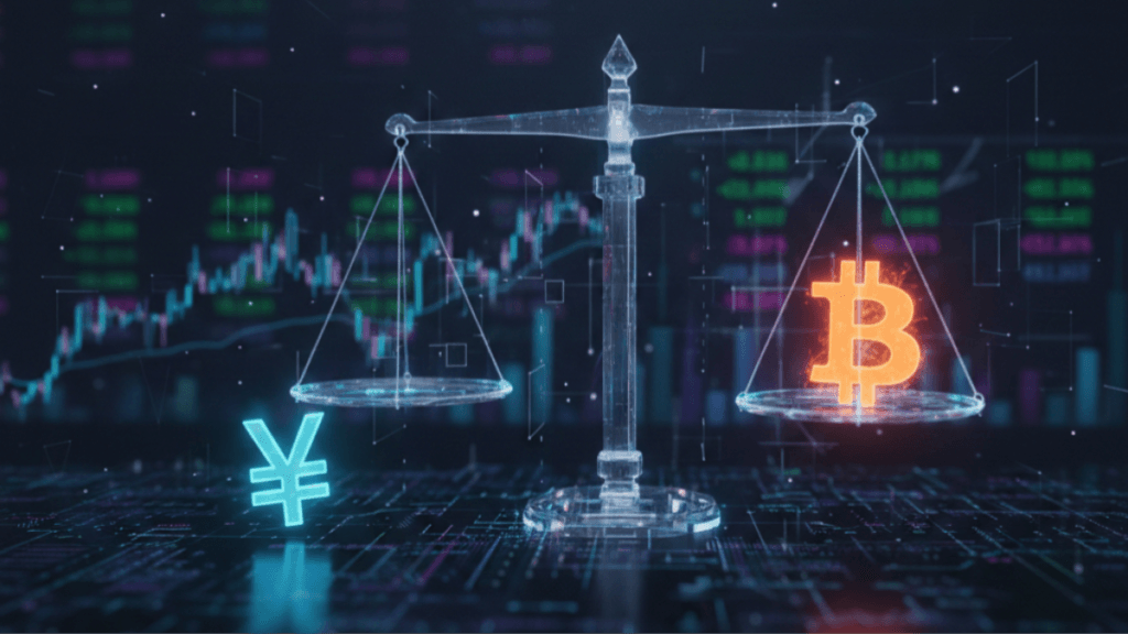 A conceptual 3D render of a Japanese Yen symbol and a Bitcoin logo on a digital scale, representing the 2026 carry trade unwind and crypto arbitrage opportunities.