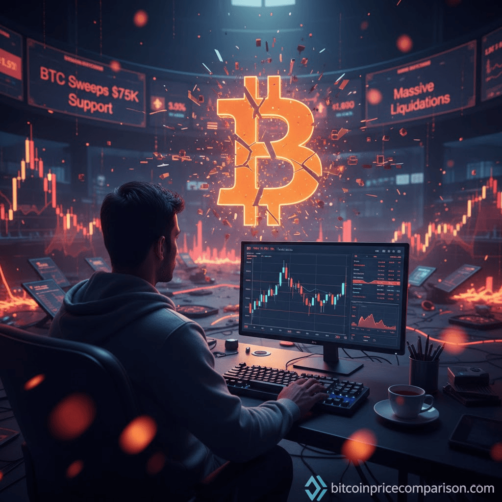 Crypto trader watching Bitcoin price charts during the 2026 market crash with shattering BTC logo.