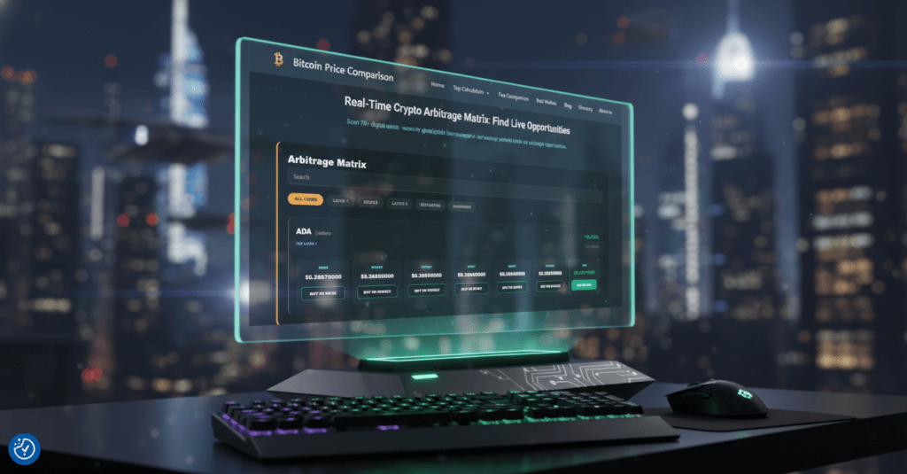 Holographic terminal displaying a real-time crypto arbitrage opportunities matrix with live price gaps and exchange buy buttons.