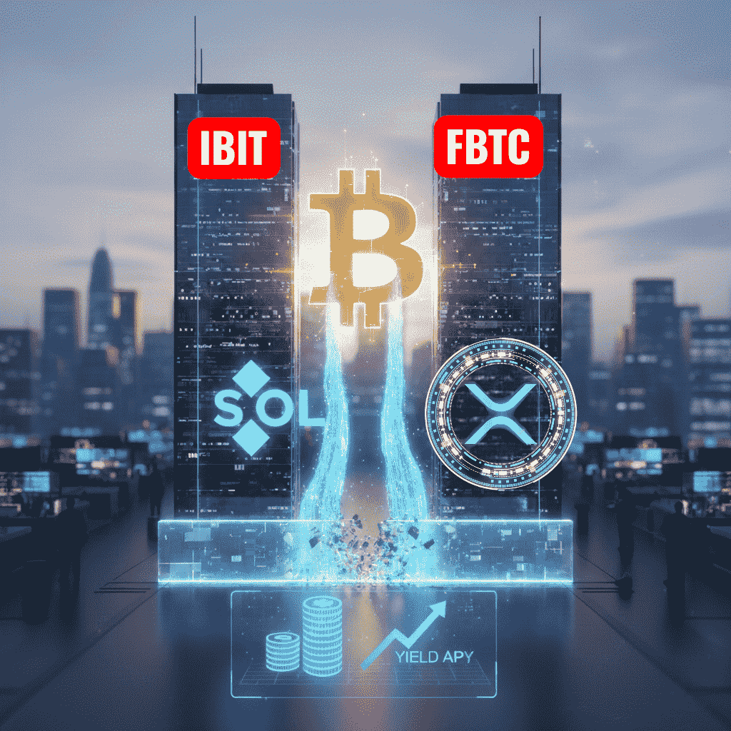A futuristic digital illustration showing Bitcoin ETF dominance (IBIT, FBTC) alongside emerging Solana (SOL) and XRP ETFs and yield strategies in 2026.