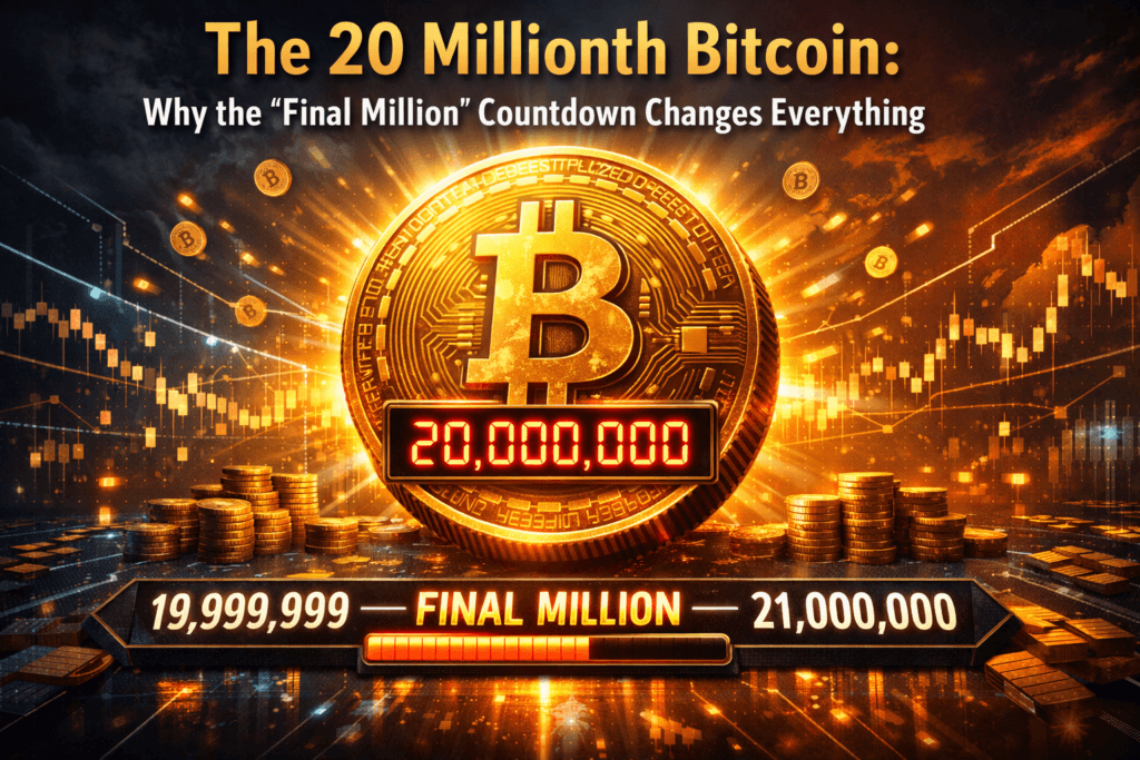 Glowing Bitcoin coin displaying 20,000,000 with a final million progress bar toward the 21 million Bitcoin supply cap