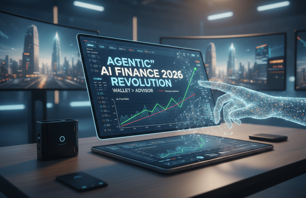 A futuristic digital interface showing an Agentic AI Finance 2026 wallet outperforming a traditional financial advisor chart in a high-tech office.