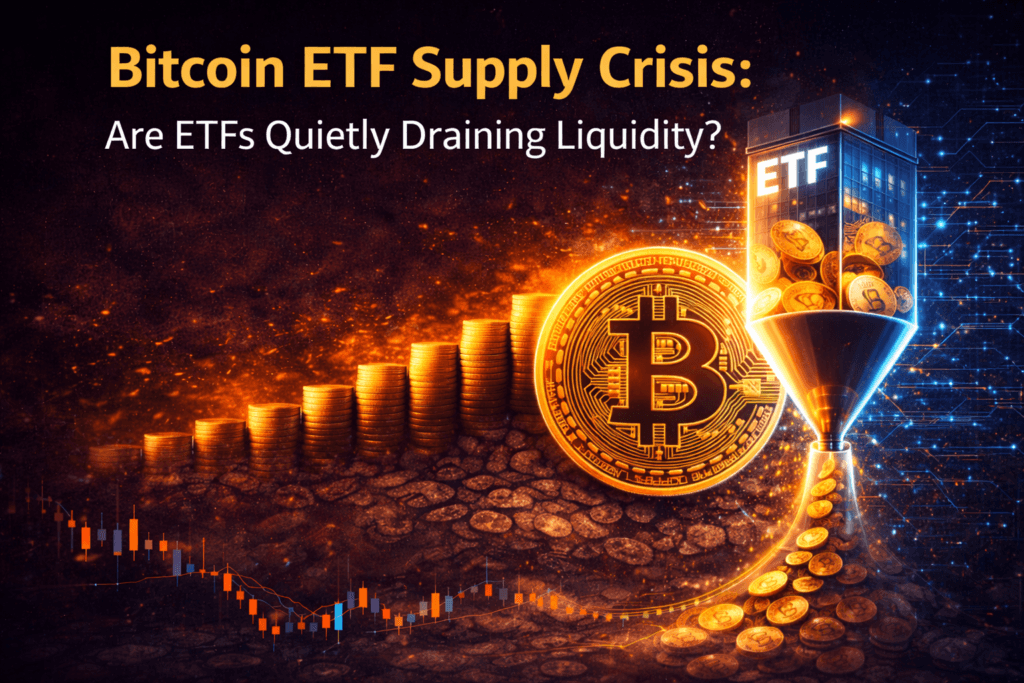 Illustration representing a Bitcoin ETF supply crisis with a large Bitcoin coin, shrinking stacks of coins, and an ETF building funneling Bitcoin into custody.