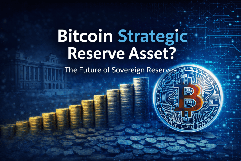Bitcoin strategic reserve asset concept showing digital Bitcoin coin, rising gold stacks, and government building symbolizing sovereign reserves