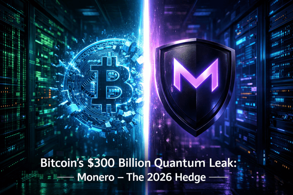 Bitcoin coin dissolving into quantum data particles next to a titanium Monero shield, representing 2026 crypto security.