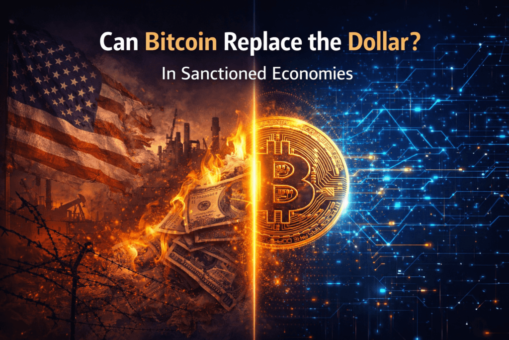 Digital illustration asking “Can Bitcoin replace the dollar” showing burning US dollars and flag contrasted with a glowing Bitcoin and blockchain network.