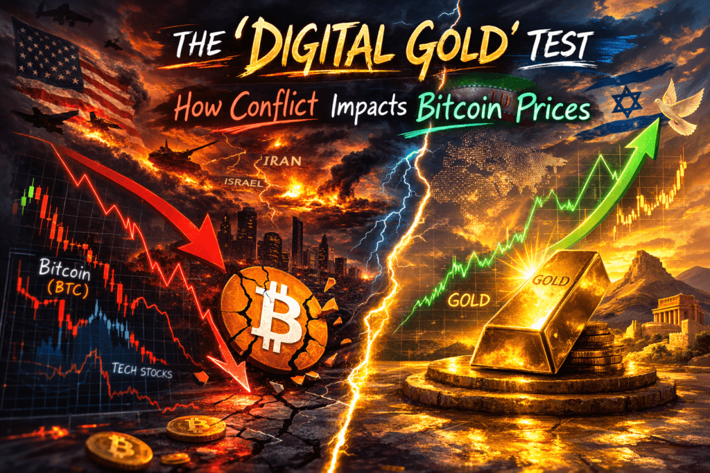 Illustration showing Bitcoin as Digital Gold during geopolitical conflict, with falling BTC and tech stock charts on one side and rising gold prices on the other.