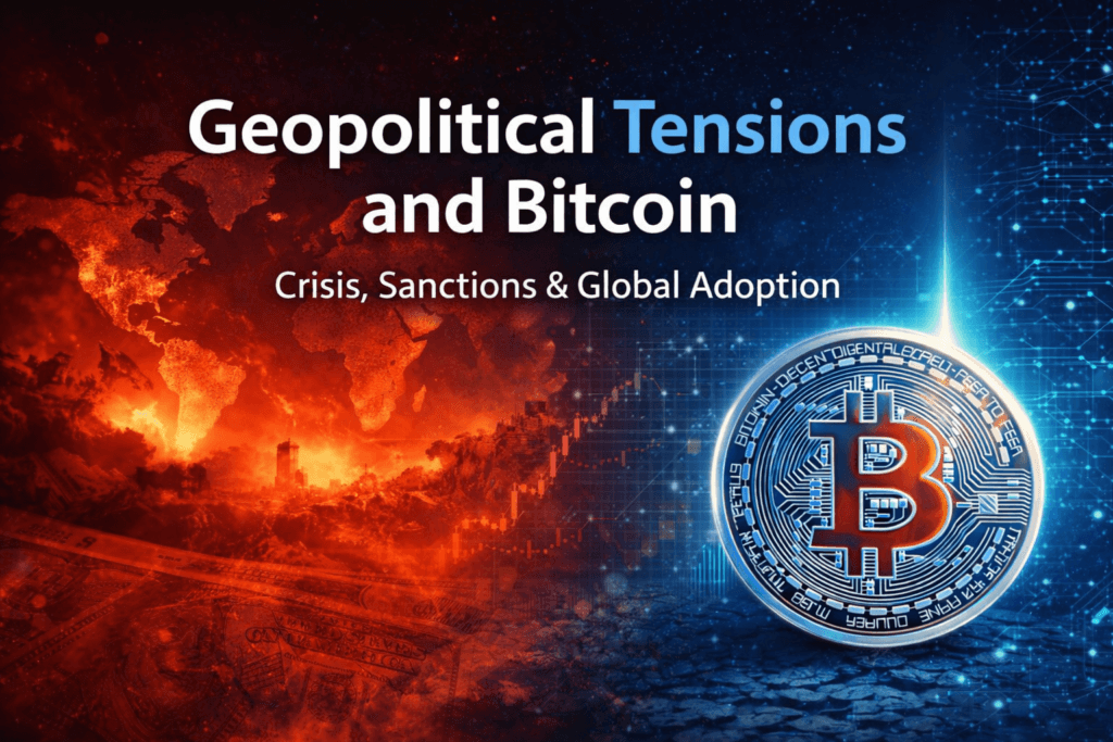 Geopolitical tensions and Bitcoin concept showing global conflict map contrasted with glowing Bitcoin symbol