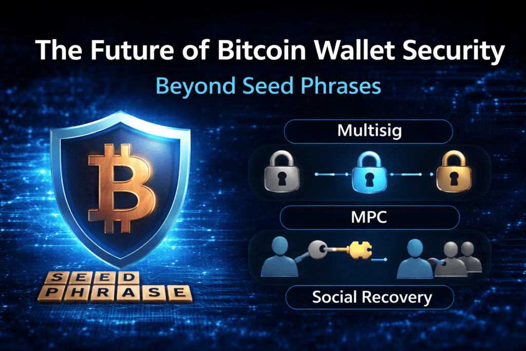 Futuristic illustration showing Bitcoin wallet security beyond seed phrases, featuring multisig, MPC, and social recovery protection methods.