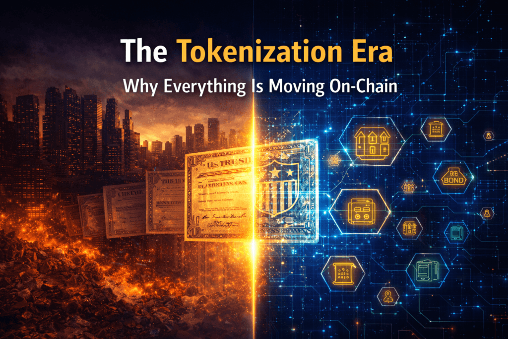 Digital illustration showing traditional financial assets transforming into blockchain-based tokens, representing the Tokenization Era.