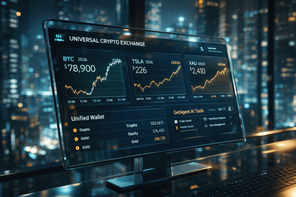 A 2026 Universal Crypto Exchange (UEX) interface showing unified Bitcoin, Tesla Stock, and Gold price charts side-by-side on a glass touchscreen in a futuristic finance hub.