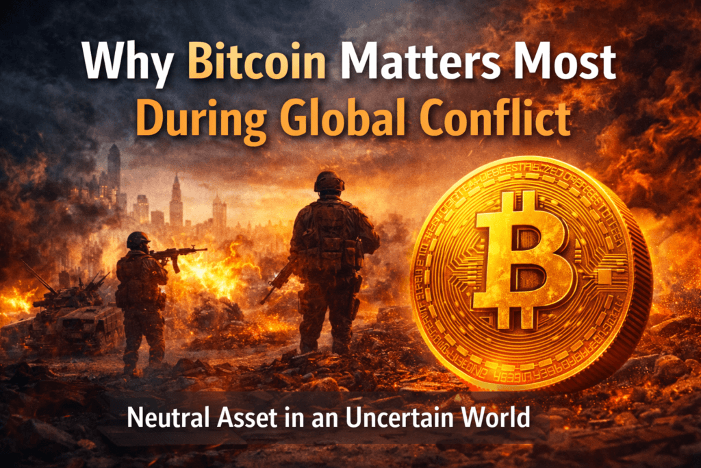 Golden Bitcoin coin glowing against a war-torn city backdrop with soldiers and fire, symbolizing Bitcoin as a neutral asset during global conflict.