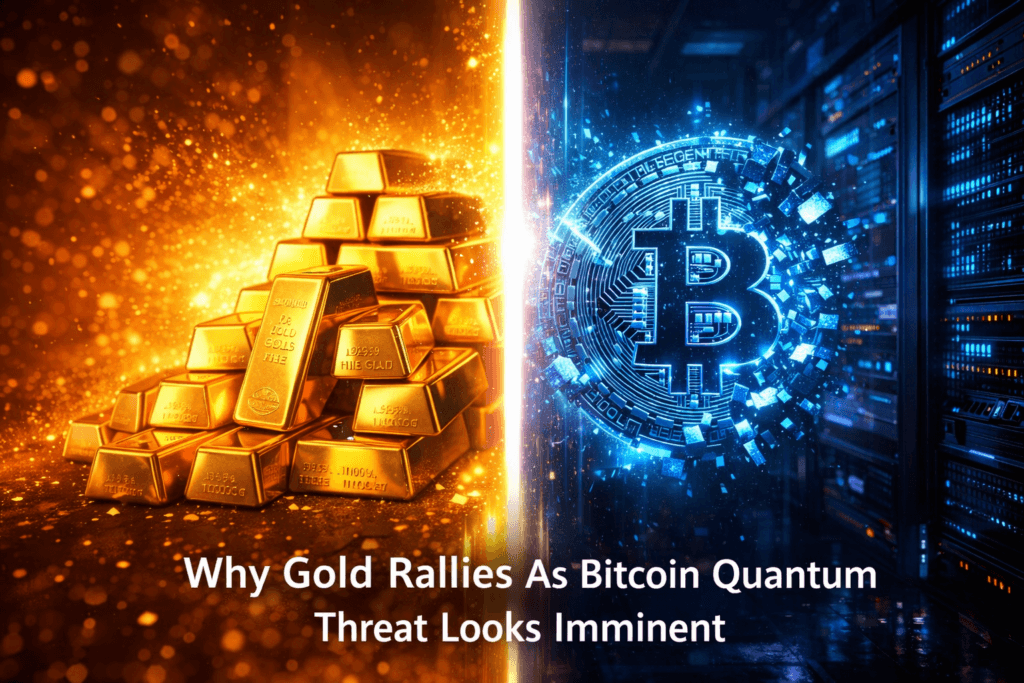 Gold bars rising on one side and a digitally breaking Bitcoin symbol on the other, illustrating gold’s rally as quantum computing threatens Bitcoin security