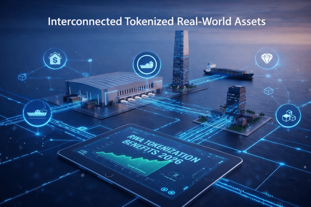A 3D isometric view of a physical warehouse and cargo ship connected by glowing blue digital data lines to a tablet showing RWA Tokenization Benefits 2026 and dividend charts.