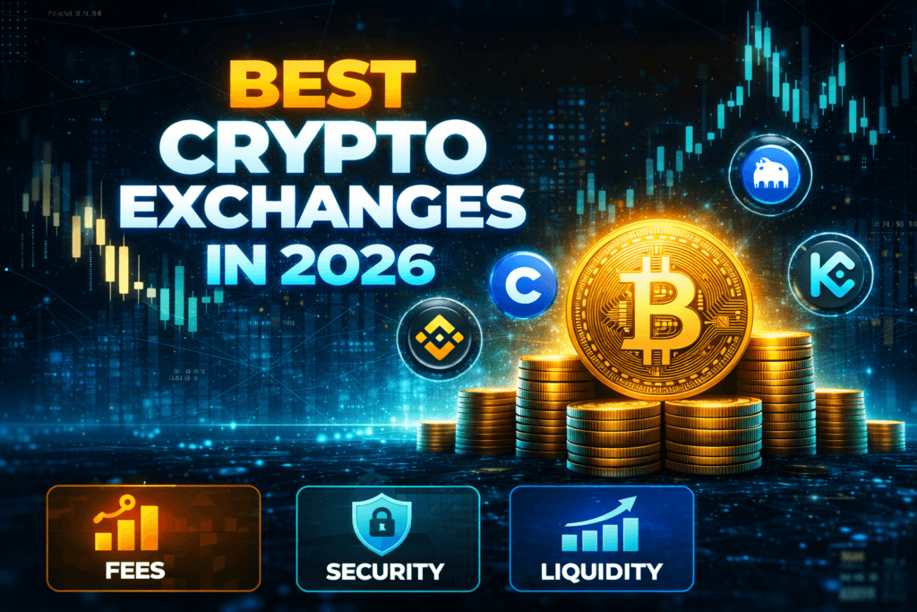 Best crypto exchanges in 2026 compared by fees, security, and liquidity with Bitcoin and exchange platform icons