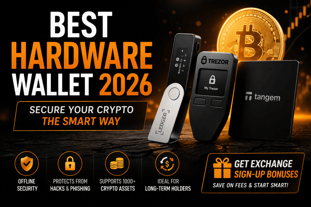 Best hardware wallet 2026 featured image showing Ledger, Trezor, and Tangem devices with offline security and crypto protection theme.