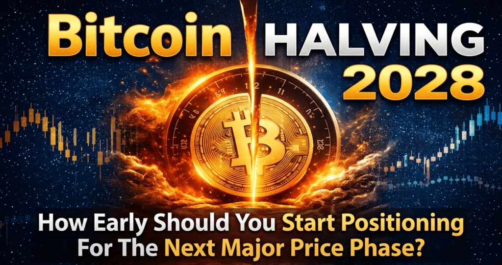 Bitcoin Halving 2028 countdown concept showing Bitcoin symbol with rising price chart and accumulation strategy theme