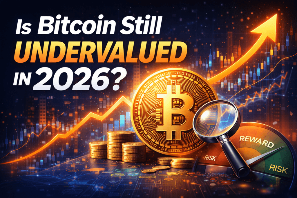 Bitcoin symbol glowing in gold against a dark financial background, representing Bitcoin as digital gold and institutional safe haven asset.