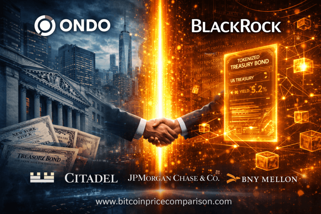 Illustration of BlackRock's tokenization strategy showing real-world assets and treasuries moving to blockchain infrastructure