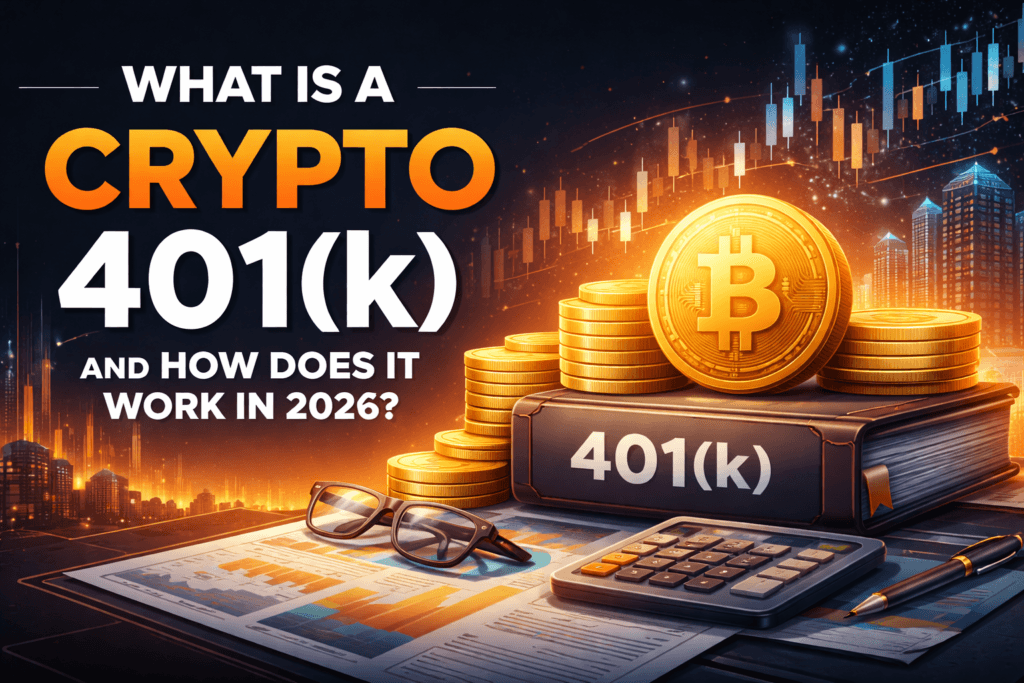 Explaining Crypto 401(k), featuring a Bitcoin coin on a 401(k) binder with financial charts and a futuristic city background.