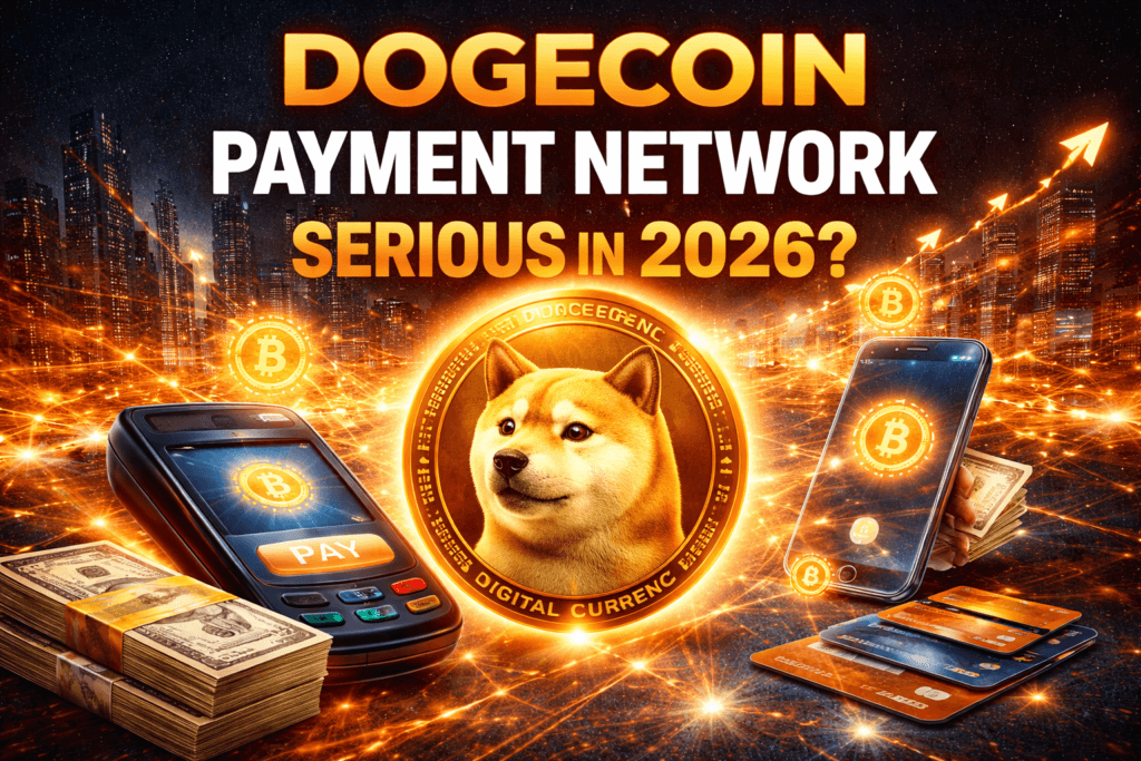 Dogecoin Payment Network illustration showing DOGE coin, POS terminal, smartphone payments, and digital transaction infrastructure in 2026.